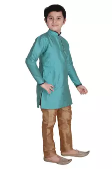 Firozi Self Design Silk boys Kurta Pajama Set