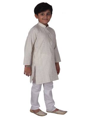 Cream Strip Cotton Boys Kurta Pajama Set 3