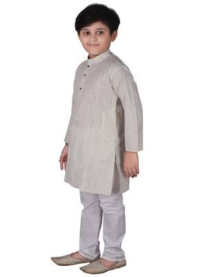 Cream Strip Cotton Boys Kurta Pajama Set 4