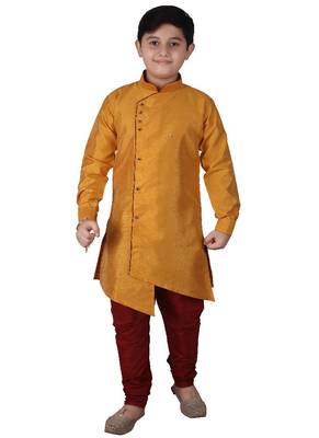 Mustard Solid Silk Boys Kurta Pajama Set 1