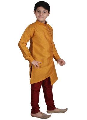 Mustard Solid Silk Boys Kurta Pajama Set 3