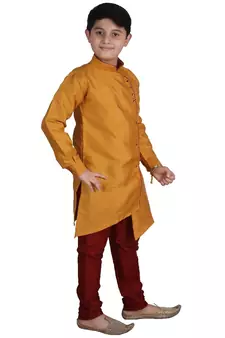 Mustard Solid Silk Boys Kurta Pajama Set