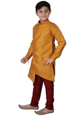 Mustard Solid Silk Boys Kurta Pajama Set 4