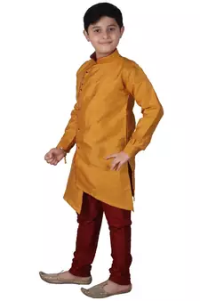 Mustard Solid Silk Boys Kurta Pajama Set