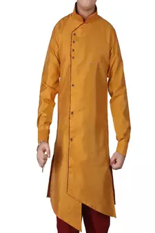 Mustard Solid Silk Boys Kurta Pajama Set