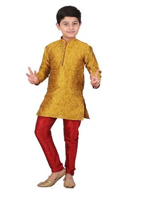 Mustard Floral Jacquard Silk Kurta Pajama Set 1