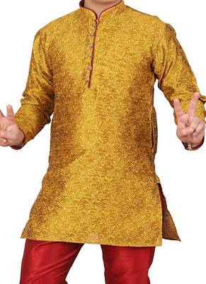 Mustard Floral Jacquard Silk Kurta Pajama Set 2