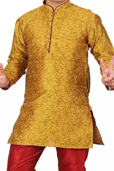 Mustard Floral Jacquard Silk Kurta Pajama Set