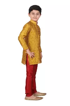 Mustard Floral Jacquard Silk Kurta Pajama Set