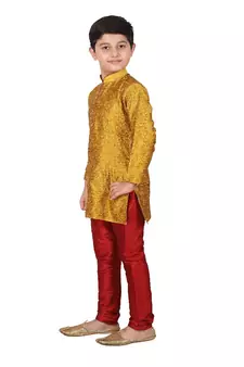 Mustard Floral Jacquard Silk Kurta Pajama Set