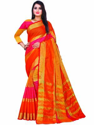 Red Woven Cotton Saree With Blouse 1