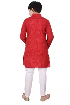 Maroon Jacquard Cotton Kurta Pyjama Set For Boys