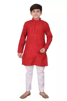Maroon Jacquard Cotton Kurta Pyjama Set For Boys