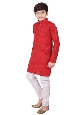 Maroon Jacquard Cotton Kurta Pyjama Set For Boys 4