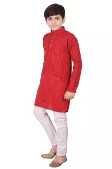 Maroon Jacquard Cotton Kurta Pyjama Set For Boys