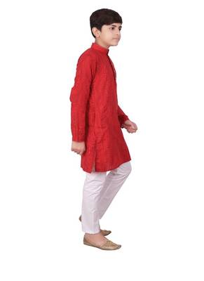 Maroon Jacquard Cotton Kurta Pyjama Set For Boys 5