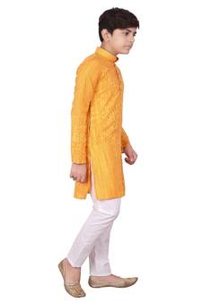 Orange Jacquard Cotton Kurta Pyjama Set For Boys