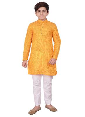 Orange Jacquard Cotton Kurta Pyjama Set For Boys 3