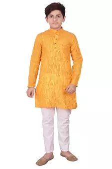 Orange Jacquard Cotton Kurta Pyjama Set For Boys