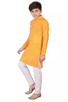Orange Jacquard Cotton Kurta Pyjama Set For Boys