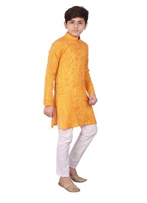 Orange Jacquard Cotton Kurta Pyjama Set For Boys 5