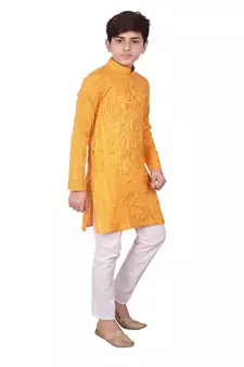 Orange Jacquard Cotton Kurta Pyjama Set For Boys