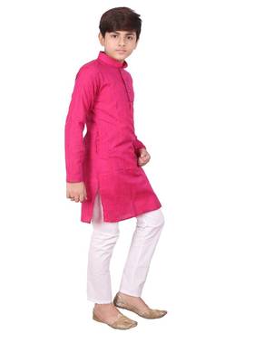 Pink Jacquard Cotton Kurta Pyjama Set For Boys 4