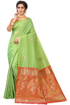 Green Woven Silk Blend Saree With Blouse