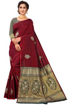 Maroon Woven Silk Blend Saree With Blouse