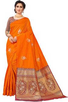 Orange Woven Silk Blend Saree With Blouse