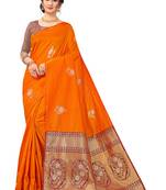 Orange Woven Silk Blend Saree With Blouse