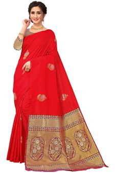 Red Woven Silk Blend Saree With Blouse