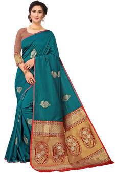 Teal Woven Silk Blend Saree With Blouse