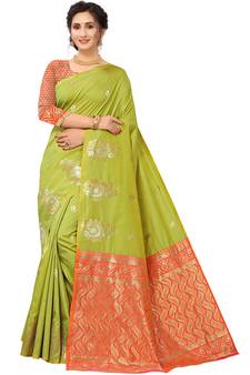Green Woven Silk Blend Saree With Blouse