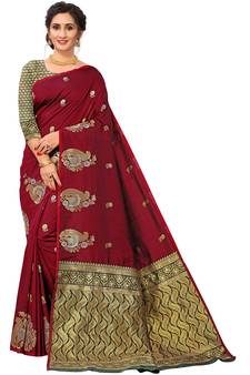 Maroon Woven Silk Blend Saree With Blouse