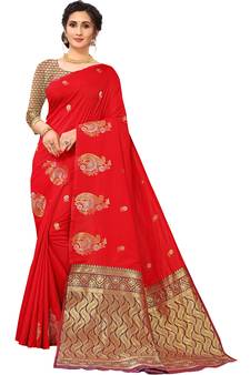 Red Woven Silk Blend Saree With Blouse
