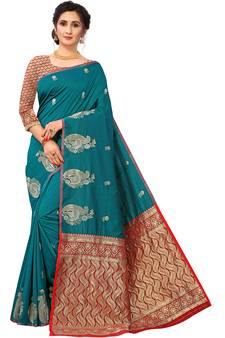 Teal Woven Silk Blend Saree With Blouse