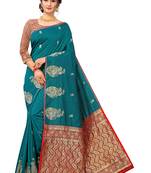 Teal Woven Silk Blend Saree With Blouse