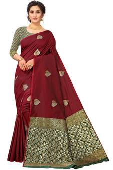 Maroon Woven Silk Blend Saree With Blouse