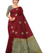 Maroon Woven Silk Blend Saree With Blouse