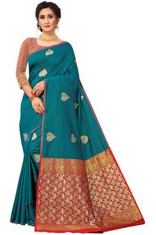 Teal Woven Silk Blend Saree With Blouse