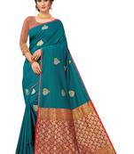 Teal Woven Silk Blend Saree With Blouse