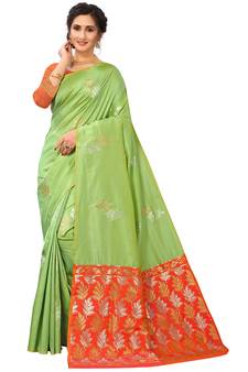 Green Woven Silk Blend Saree With Blouse