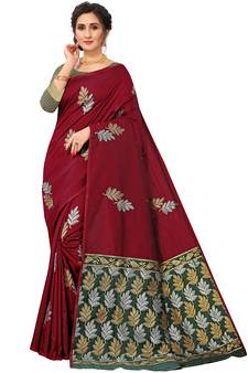 Maroon Woven Silk Blend Saree With Blouse
