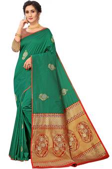 Dark Green Woven Silk Blend Saree With Blouse