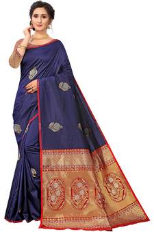 Navy Blue Woven Silk Blend Saree With Blouse