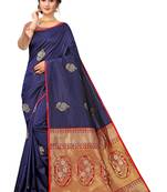 Navy Blue Woven Silk Blend Saree With Blouse
