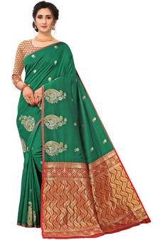 Dark Green Woven Silk Blend Saree With Blouse