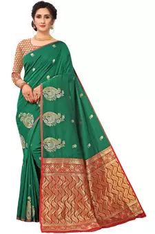 Dark Green Woven Silk Blend Saree With Blouse