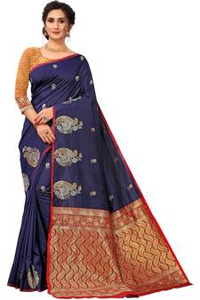 Navy Blue Woven Silk Blend Saree With Blouse